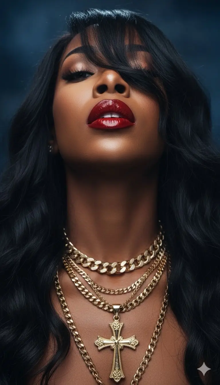 A cinematic, ultra-realistic portrait of a beautiful dark-skinned Black woman with long wavy black hair falling slightly over her eyes. Her head is tilted back sensually, revealing bold glossy red lips that glisten under soft moody lighting. She wears layered gold chains, including a thick cross pendant resting on her chest. The background is dark with a subtle blue tone, creating a mysterious and intimate atmosphere. The lighting highlights her glowing skin and jewelry with soft reflections. Editorial fashion photography style, sharp focus on her lips and gold jewelry, hair slightly messy and covering part of her face for a sultry, artistic effect. Do not change my face .
