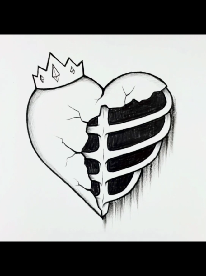Broken Heart 💔 with Crown 👑 _ Emotional Half Skeleton 💀 Heart ❤️ Drawing Tutorial _ Step-by-Step Easy Drawing _ #drawing #art #howtodraw #heartdrawing #skeletonart      🎨✨