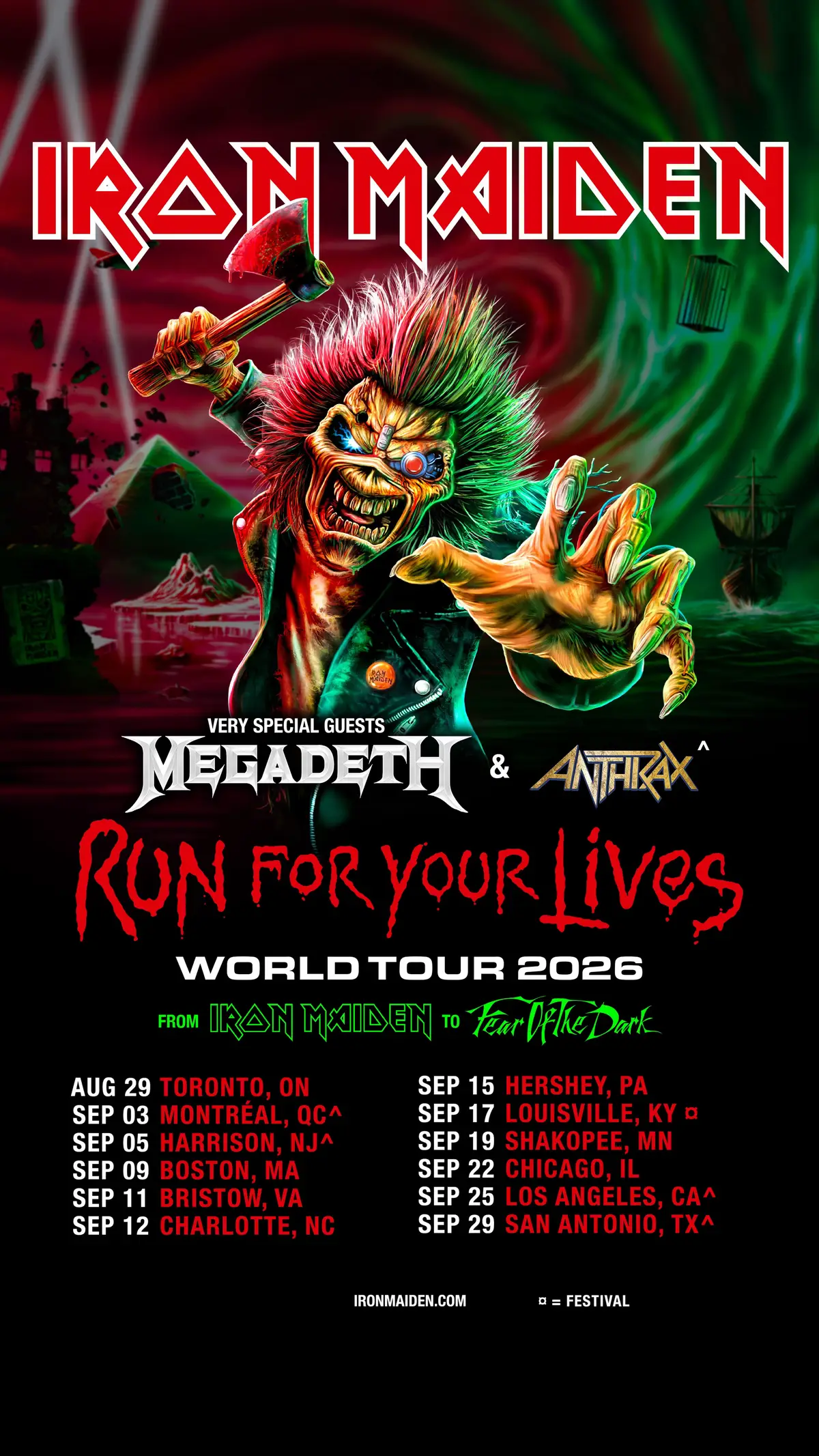 Iron Maiden have announced dates in the USA and Canada for the Run For Your Lives World Tour 2026. The tour includes huge shows in Montréal and the Alamodome in San Antonio, two of the biggest rock shows Maiden have played in North America. They will also headline Louder Than Life, which is America’s biggest Rock Festival! These upcoming tour dates will mark 45 years since Iron Maiden first visited Canada and the USA on the 1981 Killer World Tour, and feature some of the biggest shows the band has ever played there. The return to BMO Stadium concert in Los Angeles on September 25th will be the 25th time the band has played in the City of Angels. A history-making tour for sure! Very special guests Megadeth will appear at all headline shows, with the addition of Anthrax for the dates in Montréal, Harrison, LA and San Antonio. Run For Your Lives North American Tour Dates August 2026 29 Toronto, ON - Scotiabank Arena * September 2026 03 Montréal, QC - Parc Jean-Drapeau *^ 05 Harrison, NJ - Sports Illustrated Stadium *^ 09 Boston, MA - TD Garden * 11 Bristow, VA - Jiffy Lube Live * 12 Charlotte, NC - PNC Music Pavilion * 15 Hershey, PA - Hersheypark Stadium * 17 Louisville, KY - Louder Than Life Festival 19 Shakopee, MN - Mystic Lake Amphitheater * 22 Chicago, IL - Credit Union 1 Amphitheatre * 25 Los Angeles, CA - BMO Stadium *^ 29 San Antonio, TX - Alamodome *^ * Megadeth   ^ Anthrax Fan Club presale will kick off on Tuesday October 28. Headline shows go on general sale on Friday October 31. Trooper VIP will be available across all headline shows. Eddie’s Pop-up Dive Bar experience will also come across the Atlantic for the very first time. For the rest of the world - don't worry, there are still more countries to be announced for the Run For Your Lives World Tour 2026! #IronMaiden #RunForYourLivesWorldTour #OnTour 
