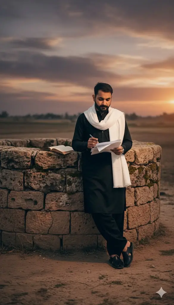 Create A high-quality, DSLR-style photograph of me with shallow depth of field, captured during the golden hour just after sunset (dusk). The man is wearing a crisp black Pakistani shalwar kameez, a white shawl (chaddar) draped over his shoulder, and simple black Peshavwari chappal (khairi chappal) on his feet. He is leaning against a massive, cracked, ancient stone village well. He holds crumpled papers in one hand anda pen poised in the other, his gaze intently fixed on the documents. An open, worn book rests on the rugged edge of the well beside him. The overall mood is one of quiet introspection, sadness, and being 