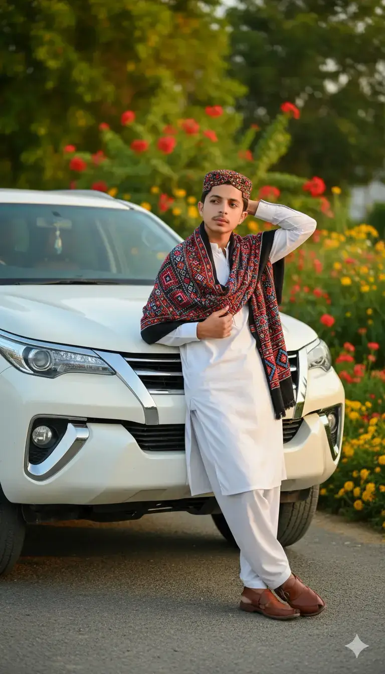 Create a man Wearing a traditional black shalwar kameez, Sindhi cap, and patterned ajrak shawl, the person gently caresses a deer while another young deer stands nearby. The scene unfolds outdoors in a lush, sunlit forest or meadow, with soft green grass and warm golden light that creates a peaceful, heartwarming, and realistic atmosphere. Watermark (upper right corner): KASHIF SINDHI Photography - subtle.