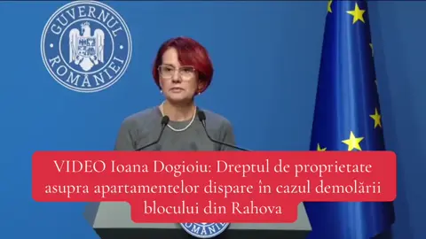 Ioana Dogioiu: Dreptul de proprietate asupra apartamentelor dispare în cazul demolării blocului din Rahova Dreptul de proprietate asupra apartamentelor din blocul afectat de explozie dispare în cazul în care autoritățile decid demolarea construcției, a precizat joi purtătorul de cuvânt al Guvernului, Ioana Dogioiu. Ea a menționat că, în prezent, nu există un cadru legal în baza căruia statul să poată reconstrui un imobil demolat și să ofere noile apartamente foștilor proprietari. 'În momentul în care un asemenea imobil piere, implicit dreptul de proprietate piere - folosesc termenul juridic, pentru că așa se numește 'pieire'. Deci, în acel moment, dreptul de proprietate se stinge pentru că piere obiectul lui, nu mai există. În momentul în care se reconstruiește un asemenea bloc de către stat, juridic nu există un temei pentru care statul să poată oferi cheile', a afirmat purtătorul de cuvânt al Guvernului, într-o conferință de presă, la Palatul Victoria.