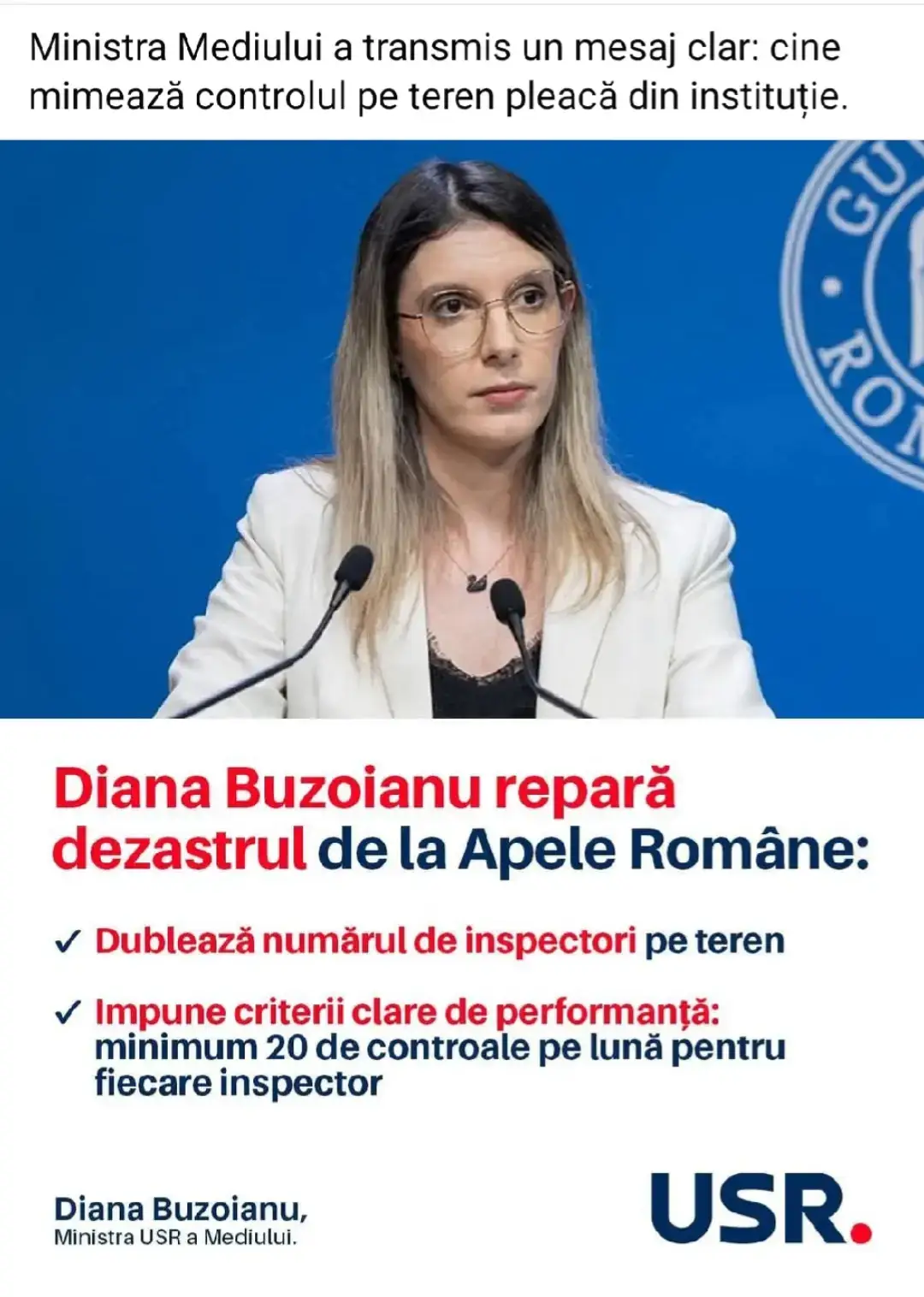 Fiecare inspector Apele Române va face cel puțin 20 de controale pe lună. Este una dintre primele măsuri luate de ministra Mediului, Diana Buzoianu, după apariția raportului Corpului de Control privind Apele Române.  Din raport se vede cum numărul de controale a scăzut de la an la an: dacă în 2022 s-au făcut 10.790 de controale, în 2025 numărul lor a ajuns la doar 3.081. E inadmisibil.  Ministra Mediului a transmis un mesaj clar: cine mimează controlul pe teren pleacă din instituție.