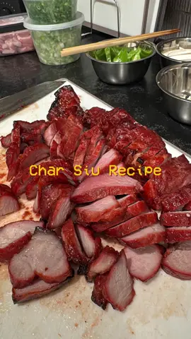 Recipe below  2.5 pound of boneless pork shoulder or pork butt Marinade: 5 Tbsps sugar 3 Tbsps honey 3 Tbsps soy sauce  2 pieces red fermented bean curd (Wangzhihe Fermented Red Chili Bean Curd) ½ tsp salt 1 Tbsp grated garlic ½ tsp five-spice powder  6g / 1 Tbsp red yeast powder, or red food coloring (can skip if you don’t care for presentation) 1. Heat up marinade and mix until everything is combined 2. Once sauce is heated up, mix together 1 tbsp of tapioca (or corn) starch and water 3. Turn heat onto low and add the starch mixture. Mix until everything is well combined 4. Turn heat off and let sauce cool for 10-15 minutes while 5. You stab pork butt/shoulder with fork then rub 3 tbsp of chinese cooking wine over it 6. Use a paper towel to dry the excess moisture then add your cooled down marinade, which should be thickened at this point 7. Rub all over and let it marinate overnight for best results - mix periodically so everything is evenly coated   Next day 1. Preheat oven to 400 degrees 2. Put meat on a baking rack and roast for 20 minutes 3. Take the pork out of the oven, brush your excess sauce on the pork then flip and brush sauce on the flipped side as well 4. Put it back into the oven for another 20 minutes  5. Take it out again, brush honey over the pork then flip and brush honey on the flipped side as well 6. Put it back into the oven one more time for 10 minutes 7. Enjoy with rice #charsiu #charsiupork #charsiurecipe 