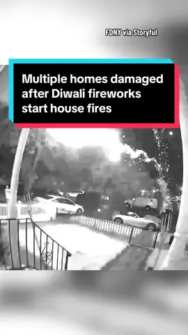 A fire caused by Diwali fireworks tore through two homes in Queens, New York, at 2 a.m. on Wednesday. Home security footage shows rockets of fire shooting into homes, causing two people to be treated for minor injuries. #Diwali #newyork #festival #indian #india 