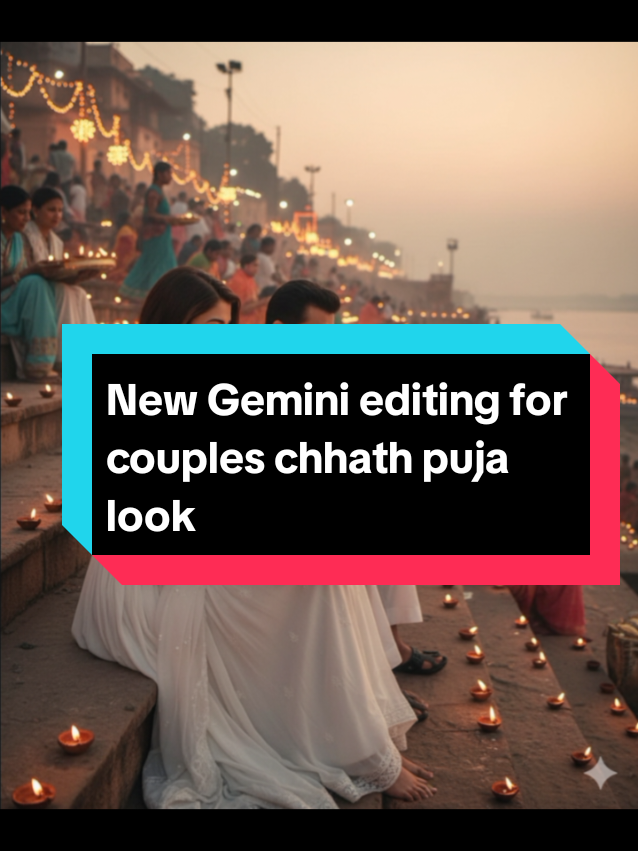How to editing for couples chhath puja look  Check my comment ✅  . . . Create an image of chath puja celebration a festival of bihar, use the image provided of this girl and boy above, she and he is sitting on the stairs of the ghat lightening tray full of diya for the soup, and the picture is of evening aradh where stairs are full of soups for aradh, streets and ghats are full of lights She's wearing a white anarkali suit with thread details on neck, and boy wearing white kurta, pinteresty asthetics. This picture is full of grace and emotion towards the festival. #ai #gemini #googlegemini #treandig #photoeditingchallenge 