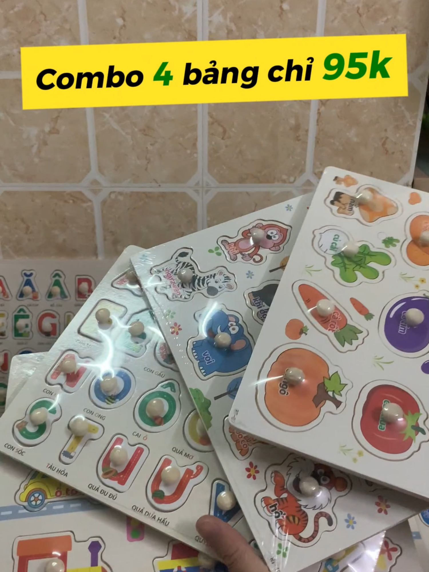 HOT SALE - Combo 4 bảng núm gỗ chỉ 95k 🥰🥰🥰 #banhmibaby23 #dochoigiaoducsom #bangnumgo #bangghephinhchobe #dochoibanggo #dochoithongminhchobe #dochoiphattrienkynang #quatangchobe #tiktokshop