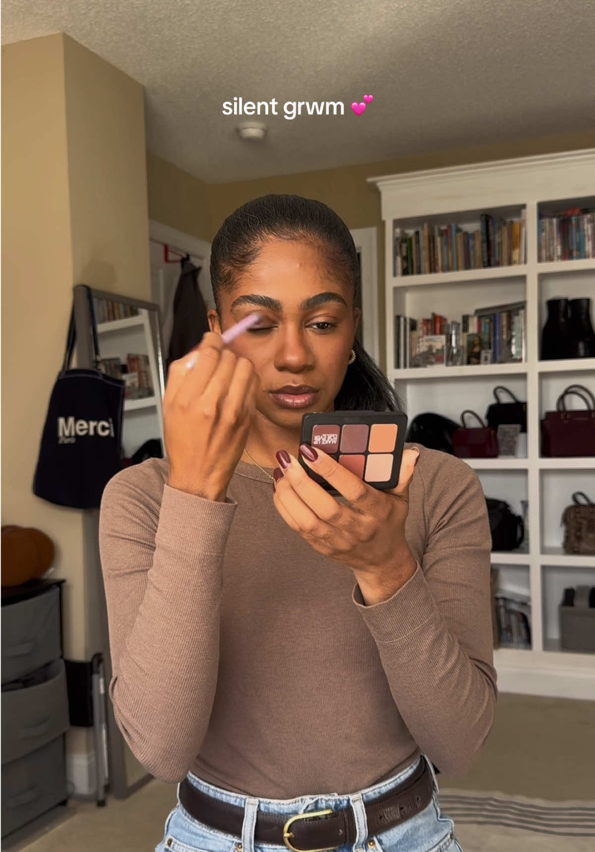 silent grwm💕 using all my favorites: @Fenty Beauty Plush Puddin’ in Barbados Cherry, Cream Blush in Sunmertime Wine @ONE SIZE BEAUTY Secure the Blur Primer, Ultimate Setting Powder in Translucent, On Till Dawn Mattifying Waterproof Setting Spray @DanessaMyricksBeauty Blurring Balm Powder in Universal @e.l.f. Cosmetics Brow Lift, Hydrating Camo Concealer in Deep Chestnut @NARS Cosmetics Tadiant Creamy Concealer in Med/Dark 2 Caramel @Maybelline NY Fit Me Matte + Poreless Foundation in 356 Warm Coconut and Powder in 330 Toffee Caramel @LYS Beauty Bronzer Stick in Honest @Morphe Cosmetics Continuos Setting Mist @loréal paris usa Infallible Blur-fection Loose Setting Powder in Pink Medium Deep, Voluminous Mascara in Blackest Black, Plump Ambition Hyaluron Lip Oil PH in 020 Rose @Juvia’s Place Blush Palette Volume 3 @makeupforever Artist to Go Eyeshadow Palette in 600 Anywhere Caffeine  @Stila Cosmetics Stay All Day Waterproof Liquid Eyeliner in Dark Brown #grwmmakeup #grwmasmr #asmrtiktoks #makeuproutineeveryday #makeupproducts 