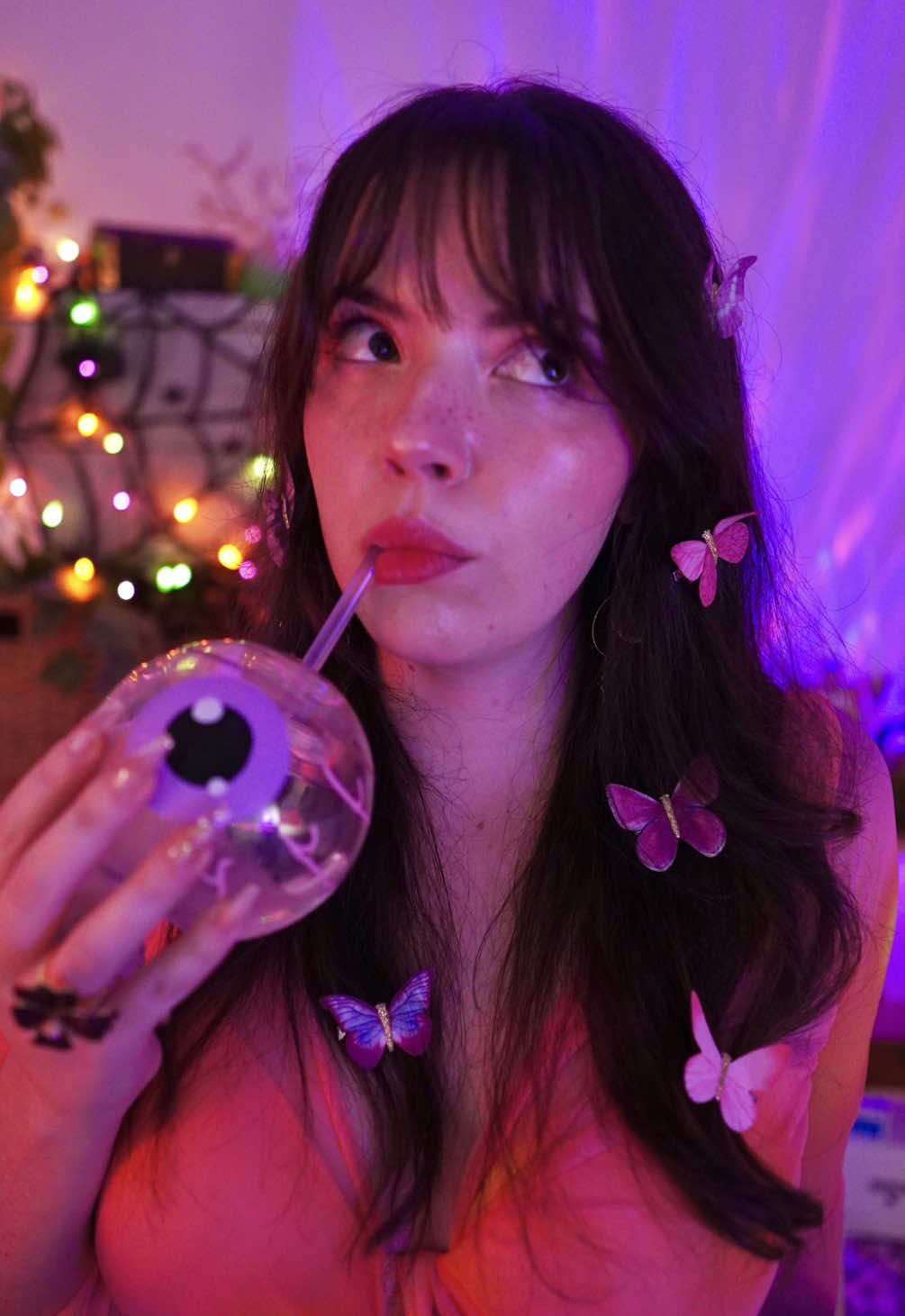 Butterfly Halloween stranger is back!! (My og post was muted) Full video on my YT!! 💜🔮🧡🎃💕🦋🍹 #asmr #halloween #halloweencostume #halloweenasmr #asmrtiktoks 