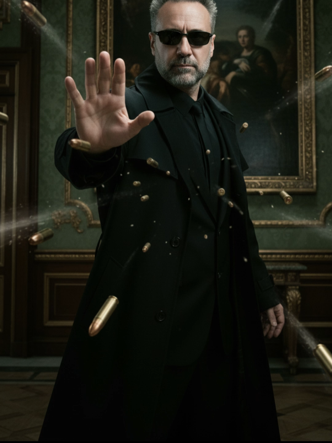 Una escena icónica de la película Matrix con un hombre ( foto de referencia para mantener rasgos faciales) vestido con gafas de sol negras y  con su gabardina negra extendiendo su mano derecha hacia adelante. Al frente de el, numerosas balas, están en el aire suspendidas como si el tiempo se hubiera detenido. El fondo es un interior opulento con paneles verdes y una gran pintura en la pared, ambiente con poca iluminación. #gemini #prompt #roboneo #inteligenciaartificial #paratiiii #prompts #paratitiktok #foyyou #viral #veo3 #nanobanana #grok #thematrix