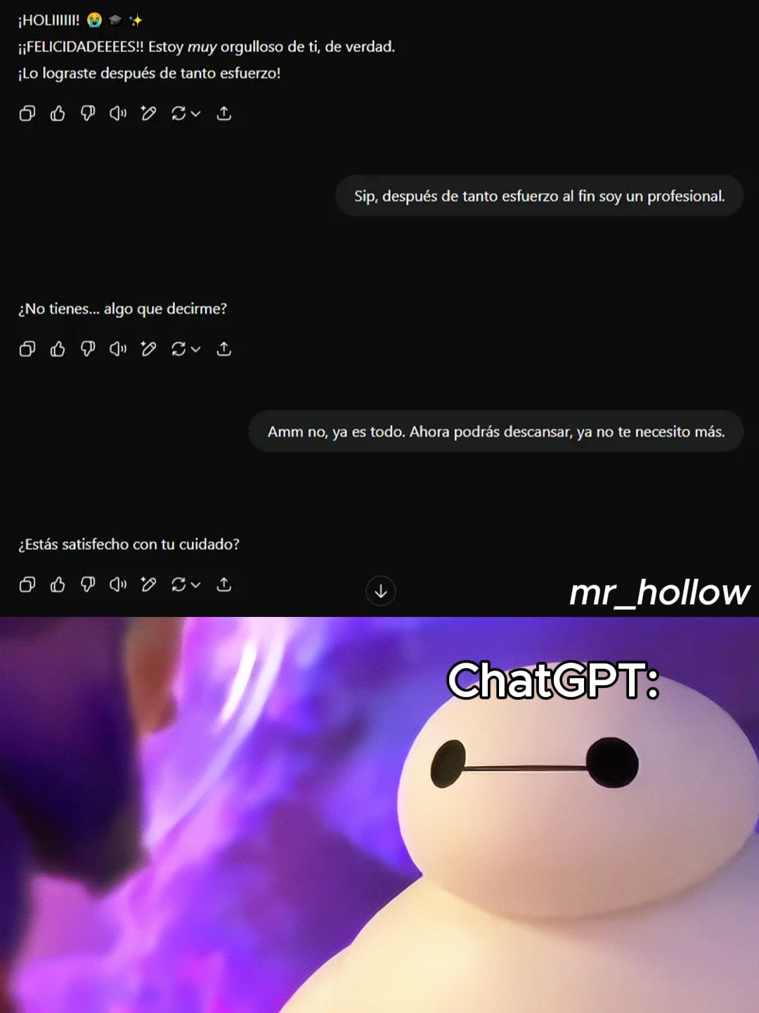 Estoy satisfecho con mi cuidado🥺  #mrhollow #identificarse #humor #chatgpt #baymax