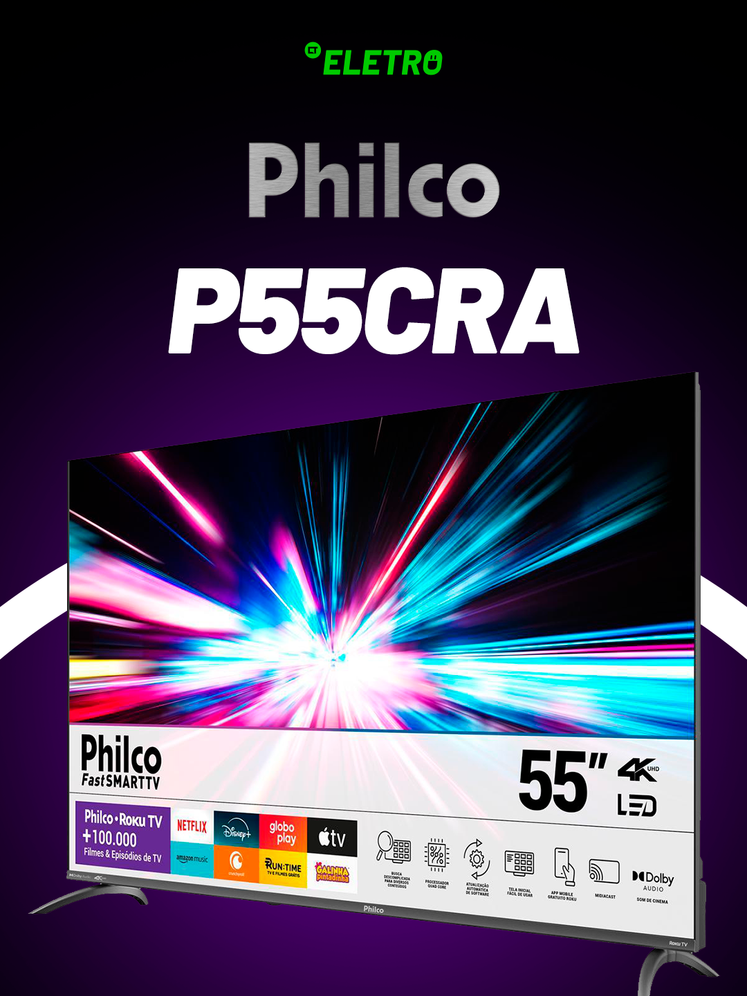 55 polegadas de pura tentação ! A P55CRA é aquela TV que te faz pensar: “será que preciso MESMO sair de casa?”. Spoiler: não . Essa Smart TV com muita conexão e praticidade transforma a sua sala em um verdadeiro cinema. Aproveite o clima e clique no link da bio!