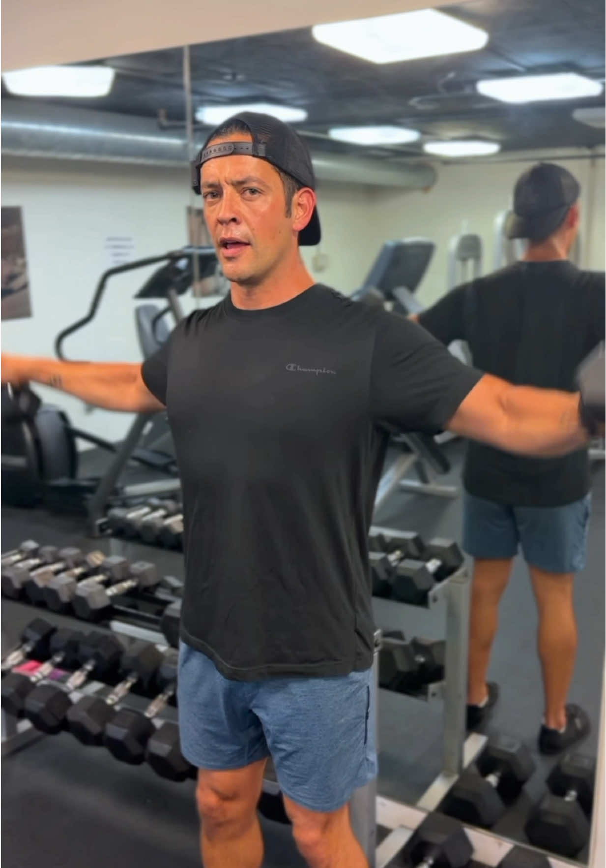 If you have no time to go to the Gym today, try this!                                       take two light dumbbells and perform 15 hammer curls, 15 bent-over rows, 15 tricep kickbacks, 15 lateral raises, and 15 overhead presses, you’ve got a full upper-body circuit that builds real endurance and strength in under 15 minutes. Here’s why this matters: 	•	Light weights, high reps build muscular endurance. Research shows lifting lighter loads (30–50% of your max) for higher reps (15–25) can lead to similar muscle growth as heavy lifting, as long as you train close to fatigue (Schoenfeld et al., Journal of Strength and Conditioning Research, 2016). 	•	Improves bone density. Resistance training, even with light weights, stimulates bone formation and reduces the risk of osteoporosis (Harvard Health Publishing, 2021). 	•	Prevents muscle loss with age. Strength training just 2–3 times per week can slow or reverse sarcopenia, the age-related loss of muscle mass (Frontiers in Physiology, 2018). 	•	Boosts joint stability and tendon health. Repetitive, low-load training helps improve blood flow to connective tissues, reducing injury risk. 	•	Supports mental health and adherence. Studies show simple, time-efficient workouts increase consistency and lower the mental barrier to training (Ryan et al., Health Psychology Review, 2020). Cues and Tips: 	•	Move slowly through each rep, especially the lowering phase. 	•	Keep tension on the muscle, don’t swing or use momentum. 	•	Breathe out on the lift, inhale on the return. 	•	Focus on control, not speed. 	•	Rest as needed, but aim to complete the circuit continuously for up to 15 minutes. Takeaway: You don’t need fancy equipment or heavy weights to make progress. What matters most is consistency and effort. Pick up any weight, move your body with intention, and your muscles, bones, and mind will thank you.