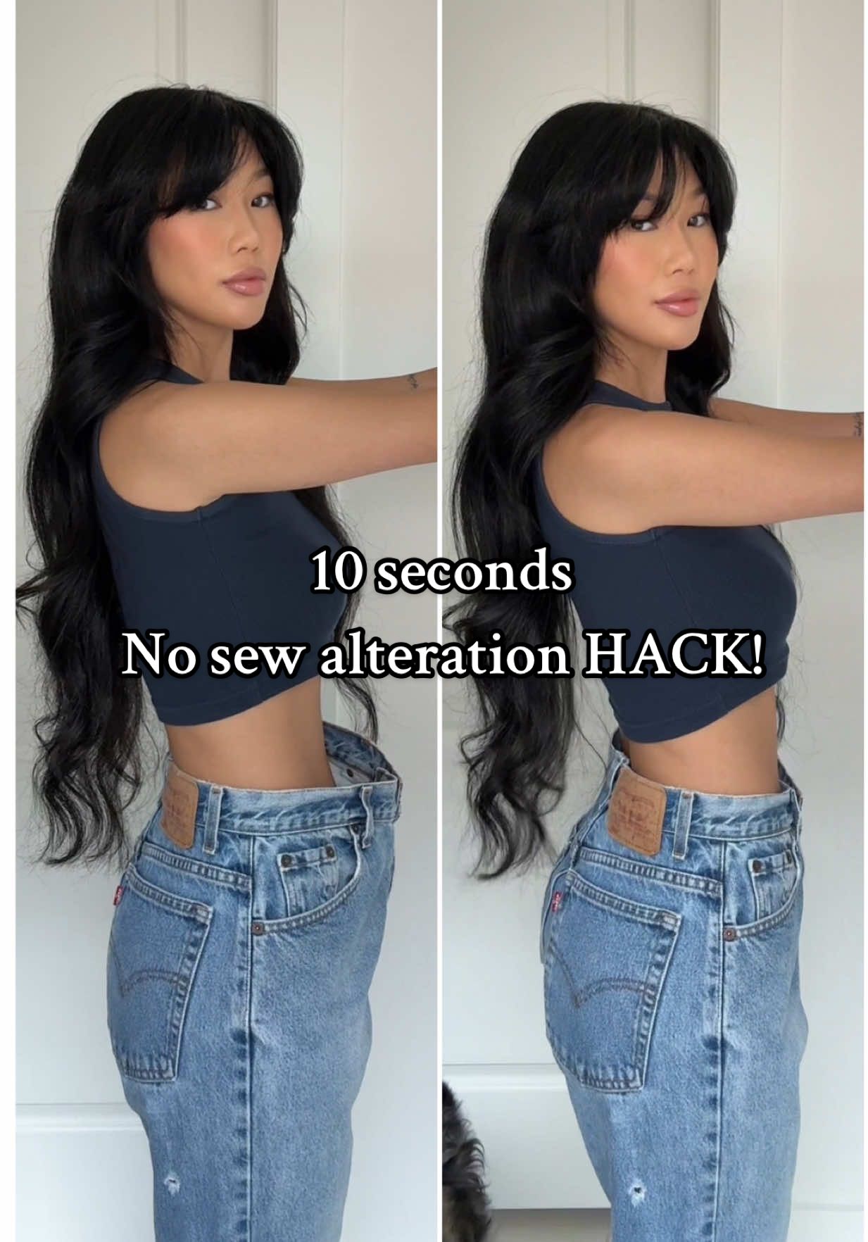 My go to no sew alteration hack that I do w just about every pair of pants I own!🚫 🪡🧵👖 #diyhack #jeans #fyp #fashiondiy