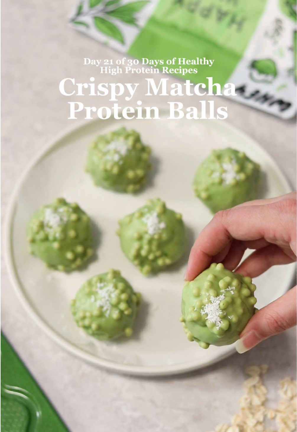 PART 21 | 30 DAYS OF 30 HIGH PROTEIN SNACKS ✨  Day 21 🍵 Crispy Matcha Protein Balls inspired by @ellegibsonn  What you need:  60g peanut butter 3/4 cup rolled oats 2 scoops Happy Way Matcha Latte Protein Powder  1/3 cup maple syrup Dash of salt 2-3 tbsp of milk 100g white choc chips* 1-tsp coconut oil* 1/2 tsp Happy Way Matcha Powder* 20 g protein soy crisps* How to make it:  1. In a bowl, combine peanut butter, rolled oats, protein powder, maple syrup, a pinch of salt, and milk. The mixture will be sticky (if it’s too sticky to roll, simply add a little more protein powder until it reaches a rollable consistency.) 2. Roll the mixture into bite-sized balls and place them in the fridge for 10–20 minutes, or until firm. 3. Melt the white chocolate in the microwave in 30-second intervals. Stir in matcha powder and protein soy crisps until fully combined. 4. Dip each ball into the white chocolate mixture until coated, then refrigerate until set. 5. Enjoy!  #matcha #nobakerecipes #highproteinsnacks #highproteinrecipes #proteinballs 