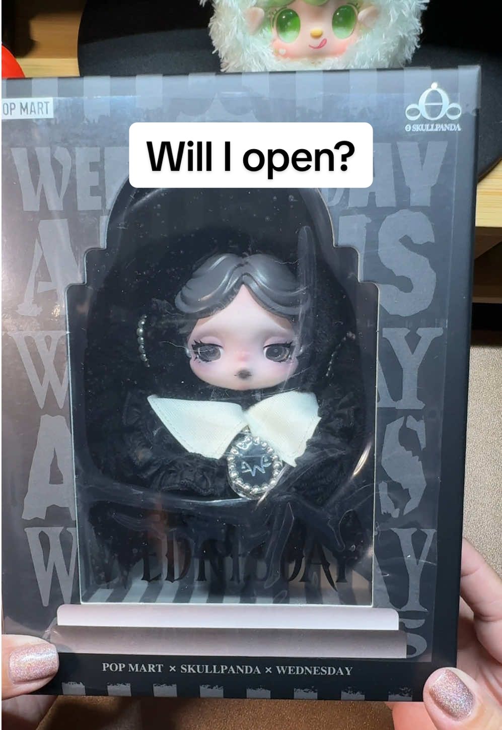 Having second thoughts about opening Wednesday 🖤 She might just stay in the box for now… #Popmart #Skullpanda #wednesdayskullpanda @POP MART @POP MART US @POP MART US SHOP #BlindBoxTherapy #Unboxing
