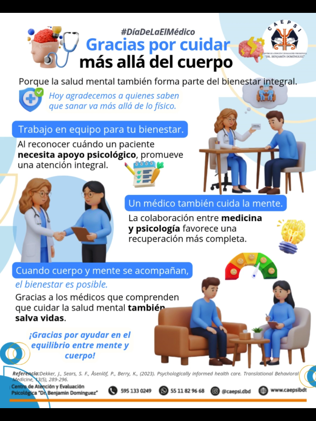 🩺 Día del Médico Gracias por cuidar la salud desde el cuerpo… y también reconocer cuándo es momento de cuidar la mente. 💚 👩‍⚕️ Muchos médicos identifican cuando sus pacientes necesitan algo más que un tratamiento físico, y recomiendan acudir a terapia psicológica en momentos clave. ✨ ¡Gracias por ayudar a mantener el equilibrio entre mente y cuerpo! #DíaDelMédico #SaludIntegral #CAEPSI #PsicologíaYMedicina #BienestarEmocional 