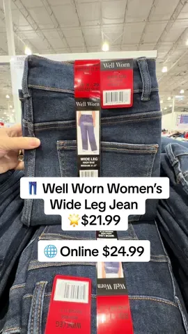 👖 Well Worn Women’s Wide Leg Jean $21.99 🌐 Online $24.99 A classic denim look with a modern, relaxed fit you’ll love! 💙 Features: • Colors: Blue (Mid Wash), Dark Blue (Dark Wash) • Wide leg opening • Classic 5-pocket style • Zip fly and shank closure Sizing: • Sizes 2–16 • Size Conversion: XS = 2 | S = 4–6 | M = 8–10 | L = 12 | XL = 14 | XXL = 16 • Leg Opening (in): 2 = 21.63 | 4 = 22 | 6 = 22.38 | 8 = 22.75 | 10 = 23.13 | 12 = 23.88 | 14 = 24.63 | 16 = 25.38 • Inseam: 31.5 in Stylish, comfy, and perfect for dressing up or down! ✨ #fyp #womensfashion #CostcoFinds #denim #widelegjeans    