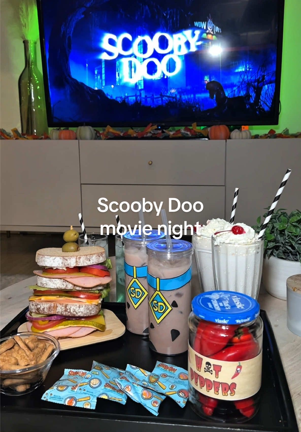 Triple decker sandwich, Scooby Doo chocolate milk, spooky island hot peppers, shaggy’s strawberry shakes and more for Scooby doo movie night!! #scoobydoo #movienight #datenight #snackideas #datenightideas 