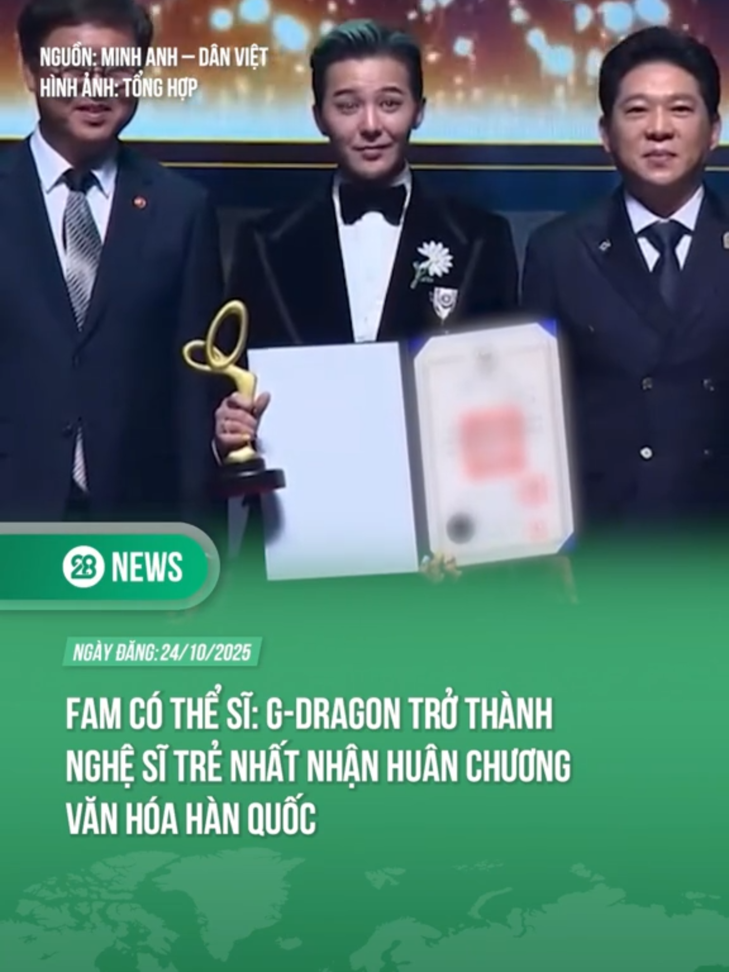 G-DRAGON TRỞ THÀNH NGHỆ SĨ TRẺ NHẤT NHẬN HUÂN CHƯƠNG VĂN HÓA HÀN QUỐC #theanh28 #28news #tiktoknews #GD