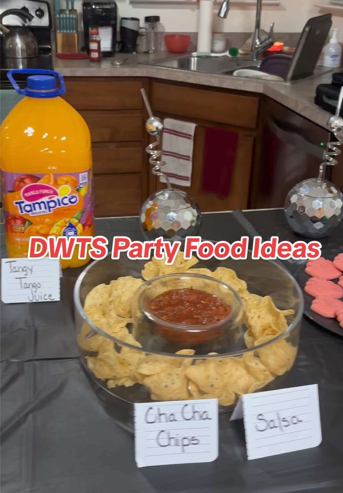 🎉 Decor from Dollar Tree!!! 🎉  Mirrorball Meatballs Samba Salad Foxtrot Fruit Tray  Wicked Theme Night Cookies  Cha Cha Chips  Salsa  Tangy Tango Juice  We voted after each dance, predicted who would get eliminated and picked the best dance of the night 🎉 #dancingwiththestars #dwts #PartyFood #PartyFoodIdeas #PartyIdeas #familynight #TheWalkersWorld 🌎