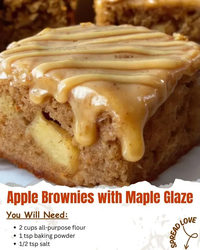 🍎 Apple Brownies with Maple Glaze 🧺 Ingredients For the Brownies: 2 cups all-purpose flour 1 tsp baking powder ½ tsp salt 1 tsp cinnamon ¼ tsp nutmeg 1 cup brown sugar, packed ½ cup granulated sugar 1 cup unsalted butter, melted 2 large eggs 1½ tsp vanilla extract 2 cups peeled, chopped apples (Granny Smith or Honeycrisp work great) ½ cup chopped walnuts or pecans (optional) For the Maple Glaze: ¼ cup butter ½ cup pure maple syrup 1 cup powdered sugar ½ tsp vanilla extract Pinch of salt 🥣 Directions Preheat Oven: Preheat your oven to 350°F (175°C). Grease or line a 9x13-inch baking pan with parchment paper. Mix Dry Ingredients: In a medium bowl, whisk together the flour, baking powder, salt, cinnamon, and nutmeg. Mix Wet Ingredients: In a large bowl, whisk melted butter, brown sugar, granulated sugar, eggs, and vanilla until smooth and glossy. Combine: Gradually stir the dry mixture into the wet ingredients until just combined (do not overmix). Fold in chopped apples and nuts if using. Bake: Spread the batter evenly into the prepared pan. Bake for 35–40 minutes, or until a toothpick inserted in the center comes out clean. Cool completely before glazing. 🍁 Make the Maple Glaze In a small saucepan over medium heat, melt the butter. Stir in maple syrup and bring to a gentle boil. Remove from heat and whisk in powdered sugar, vanilla, and salt until smooth. Pour or drizzle over the cooled brownies. Let the glaze set for about 15–20 minutes before cutting. 💡 Tips For extra flavor, sauté apples briefly in butter and cinnamon before folding into the batter. If you want a thicker glaze, add more powdered sugar; for a thinner one, add more maple syrup. Store covered at room temperature up to 3 days, or refrigerate for longer freshness. #apple #brownie #Recipe #fall #Foodie 