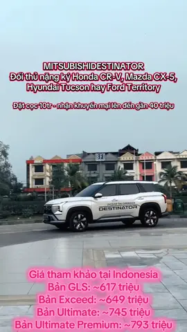 •* ĐẶT CỌC SỚM - SỞ HỮU NGAY ALL NEW MITSUBISHI DESTINATOR! O TẶNG NGAY GÓI PHỤ KIỆN 10 TRIỆU ĐƠNG Tặng Phim Cách nhiệt Wincos cao cấp (trị giá 11.550.000 ) Phiếu Ưu đãi dịch vụ 3 triệu Nhanh tay đặt sớm, Số lượng có hạn ạ!!! Mitsubishi Destinator - Phiên bản thương mại chính thức của mẫu xe ý tưởng DST Concept, đã chính thức ra mắt tại Indonesia. Thông số nối bật: Phân khúc: SUV gầm cao hạng C - 7 chỗ ngồi Kích thước: 4680 x 1840 x 1780 mm Khoảng sáng gâm: 244mm (cao vượt trội - vượt địa hình tốt hơn cả bán tải!) • Động cơ: 1.5L Turbo - 161 hp - 250Nm Hộp số: CVT - Dẫn động cầu trước Hệ thống treo: Trước: McPherson, Sau: Thanh xoắn °ố Nội thất: Thiết kế tương đồng Mitsubishi Xforce - màn hình trung tâm, cụm điêu hòa, bô cục nút bấm hiện đại P Mitsubishi VIỆT HÙNG LH: 0399960345