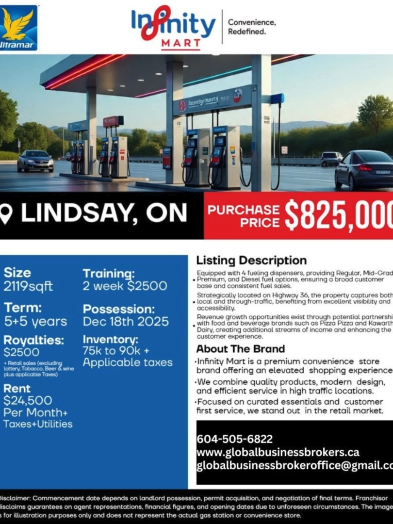 Investment Opportunity | Fuel Station & Convenience Retail Asset – Lindsay, Ontario | $825,000 Presenting a high-visibility, income-producing fuel and retail operation strategically positioned on Highway 36 in Lindsay, Ontario—a key transportation corridor capturing consistent local and through-traffic volume. This business features: 4 Multi-Product Fueling Dispensers Offering Regular, Mid-Grade, Premium, and Diesel fuels to serve a diverse customer base and deliver stable fuel revenue. Turnkey Convenience Store Fully operational with strong retail margins and established customer traffic. Expansion Potential Approved opportunity to integrate national food partners (Pizza Pizza, Kawartha Dairy, etc.) to unlock new revenue streams and increase daily footfall. Excellent Accessibility & Visibility Prime corner access with strong frontage along Highway 36. This asset is ideal for owner-operators, fuel investors, or portfolio buyers seeking a stable business with scalable growth potential. 📌 Location: Lindsay, Ontario 💼 Asset Type: Gas Station + Convenience Store 💰 Asking Price: $825,000 📈 Growth Ready | Strategic Location | High ROI Potential 📞 Inquiries & Confidential Details Global International Business Broker Inc. Call/Text: 604-505-6822 Email: globalbusinessbrokeroffice@gmail.com Website: www.globalbusinessbrokers.ca #Investment#Business#Opportunity#GasStation#ForSale#Ontario#Lindsay#Retail#Commercial #Property#Fuel#Station#Growth#Assets#Revenue#BusinessSaleCanada#Franchise#Deal #Buyer#Investor#Market#Potential#Success#Profit#Ownership#Acquisition#Listing#Entrepreneur#BusinessOwner#RealEstate#Expansion#DealFlow#Capital#Portfolio#BusinessBroker#Contact#Leads#Demand#Franchisee#National#Brand#Industry#BusinessMindset#SeriousInquiries