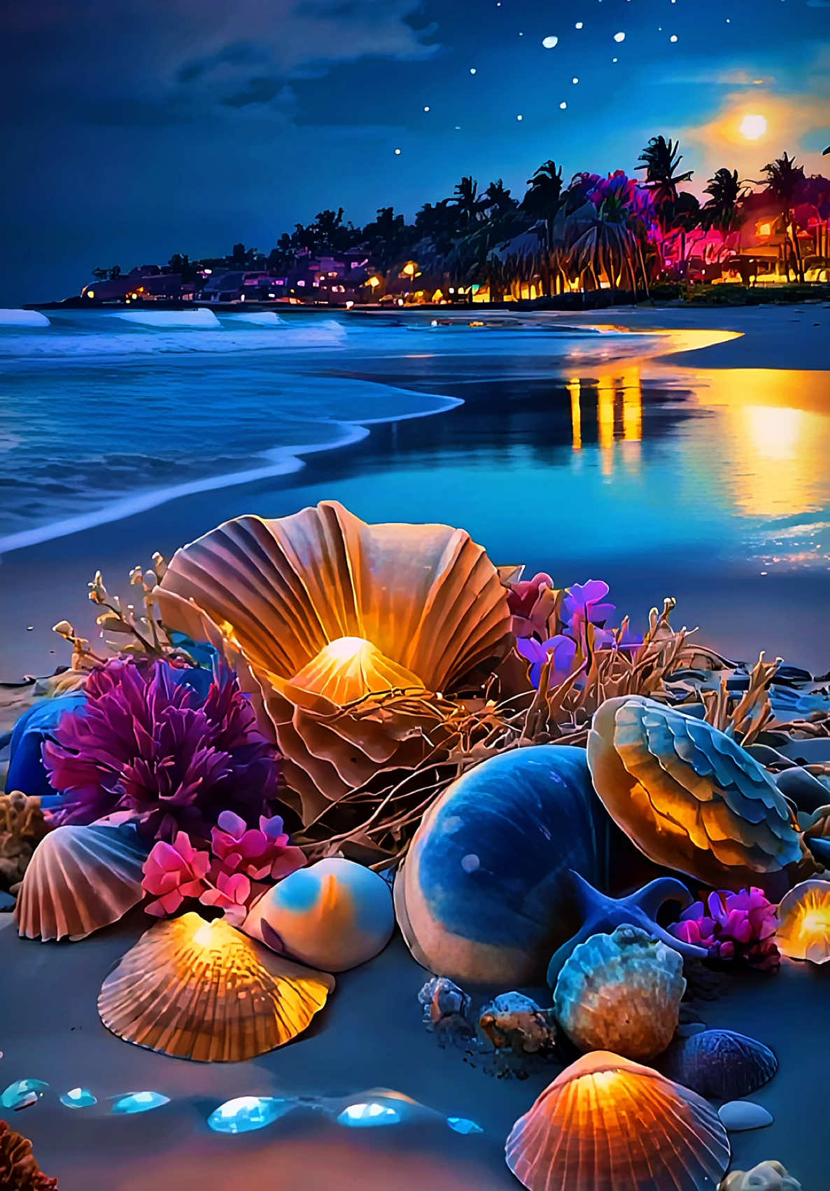 4K Live Wallpaper | Moonlit Seashell Shores & Tropical Bay 🌺🐠🦜🌴🌊 🌙 The Moonlit Seashell Shores tell the tale of a tropical bay bathed in soft moonlight, where glowing seashells shimmer beside turquoise waves, and every ripple hums a note of calm ocean serenity. Here, the night breathes through coral sands, weaving its aesthetic dream. They say these shores were born when the sea borrowed light from the moon— and scattered it across the coast like pearls of peace. Under palm shadows, where warm winds whisper, lost dreams drift home to the rhythm of relaxing tides. At dawn, when silver mist rises above the bay, the moonlight fades but its tranquil beauty remains — a silent echo of harmony for every wandering heart, a cinematic 4K live wallpaper masterpiece of nature’s calm 🩵 #4kwallpaper #wallpapers #moonlight #bay #seashells 