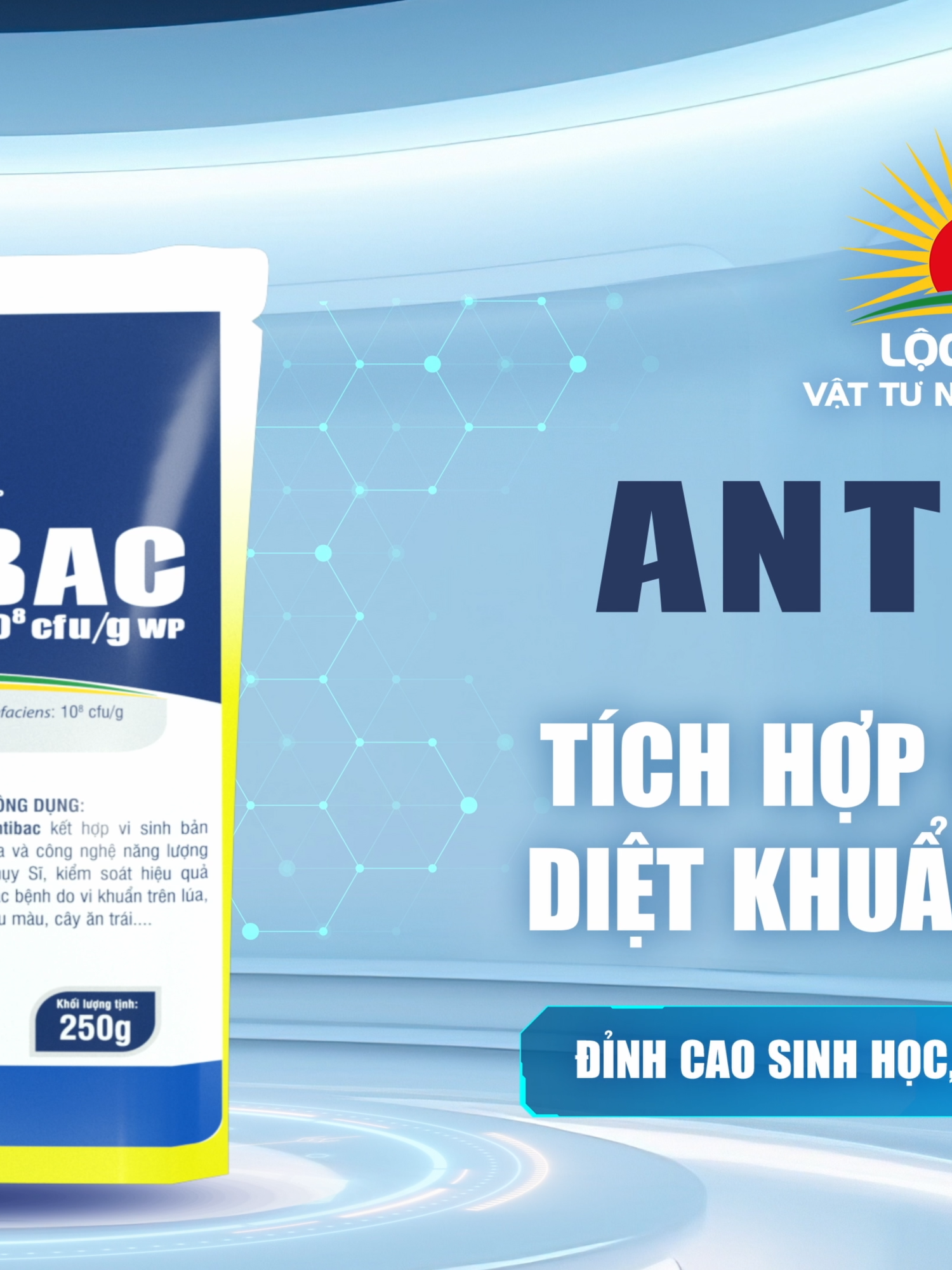 ANTIBAC 10⁸ CFU WP  Công nghệ sinh học tiên phong từ Tập đoàn Lộc Trời, tích hợp công nghệ từ Đại học Cần Thơ & Thụy Sĩ, ANTIBAC mang sức mạnh d*ệt khuẩn nhanh và an toàn tuyệt đối.