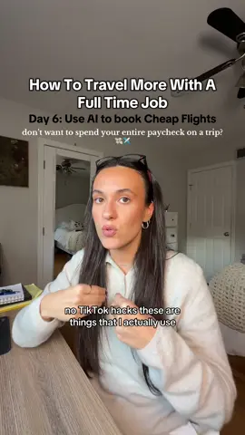 Day 6 of How To Travel More With A Full Time Job 💼✈️  30 days of realistic travel hacks, cheap flight tricks & PTO tips 🔥  👉 we are leaning on AI to find us cheap flights bc us 9-5’ers don’t have time for that 😂 @OpenAI @ChatGPT @Google  #travelhacks #travelsmarter #9to5 #corporatelife #realistictravel 