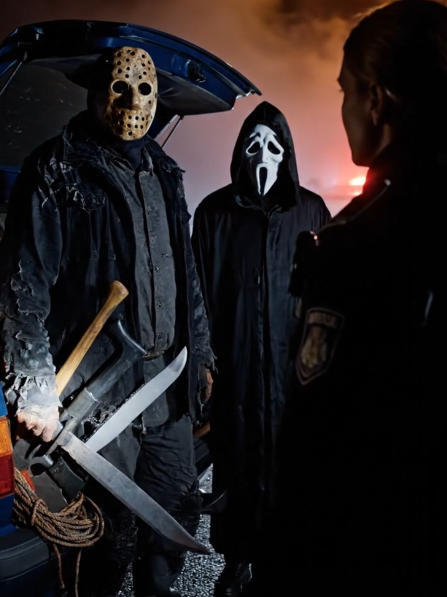 Wenn selbst der Polizist merkt, dass Wegsehen manchmal die bessere Entscheidung ist 😶‍🌫️🚔 Ein Kofferraum voller Geheimnisse, ein Nebel voller Schweigen – und Ghostface bleibt einfach… Ghostface 😏🖤 #jasonvoorhees #ghostface #komedi #kontrolle #polizeikontrolle 