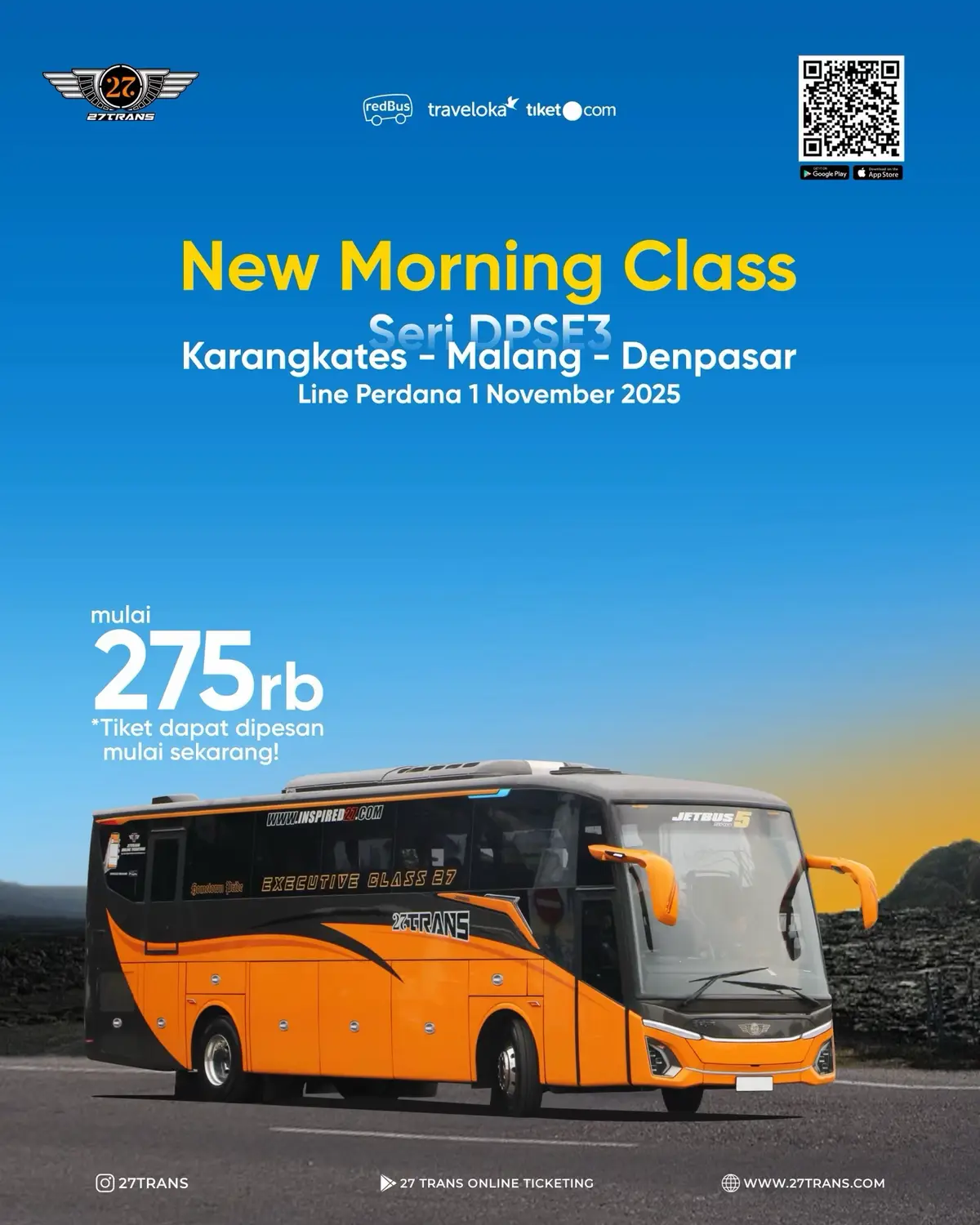 Mulai 1 November ya… ✨ New Morning Class Seri DPSE3  Karangkates - Malang - Denpasar 🎫 Pembelian tiket dapat dipesan mulai sekarang melalui Aplikasi 27Trans Online Ticketing, Redbus, Traveloka & Tiket.com 📱 🌐 Cek rute & jadwal lengkap download aplikasi 27Trans Online Ticketing di ios/ android