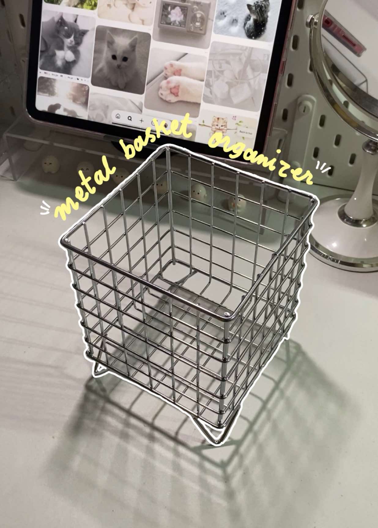 who knew organizing could look this cuteeeee? #metalbasketorganizer #metalrackorganizer #metalstoragebasket #recommendations #fyp 