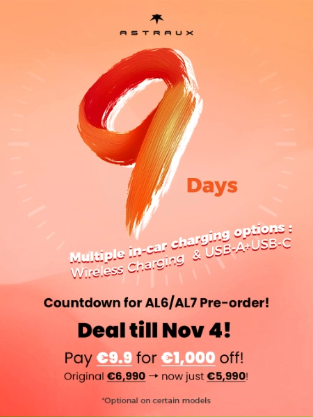 9  Days Countdown!   Pre-order deal till Nov 4→ https://astra-ux.com/products/al6-al7… : Pay €9.9 for €1,000 off! Original €6,990 → now just €5,990! 🤑📷  Our AL6/AL7: Multiple in-car charging options：Wireless Charging  & USB-A+USB-C. Optional on certain models~ #ASTRAUX #StreetChic #FashionMood #AIGlasses #SmartGlasses #SEV #AL6 #AL7 #TravelDiaries
