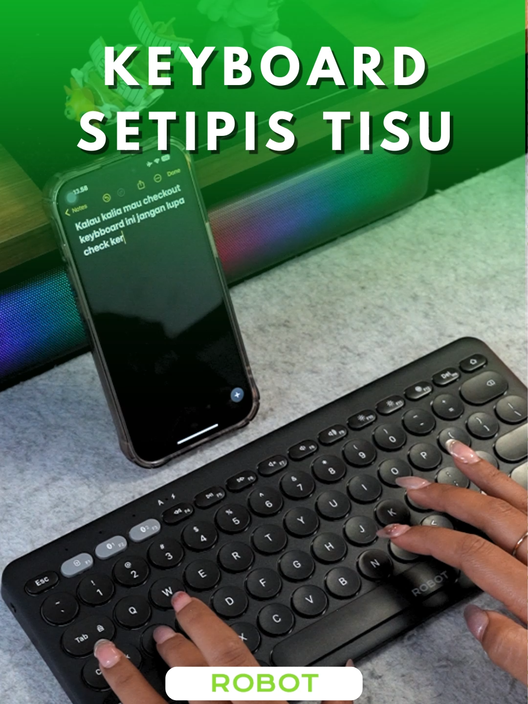 ✨ Tampil stylish dan produktif bareng ROBOT KB40 Keyboard — koneksi super fleksibel via 2.4G & Bluetooth, tombol senyap dan nyaman bikin kerja makin lancar! 💻💜 #KeyboardWireless #ROBOTKB40 #TeknologiCanggih #SetupAesthetic #GadgetKekinian #WorkFromAnywhere#Garansi1Tahun #RobotSmartpower #TikTokShop