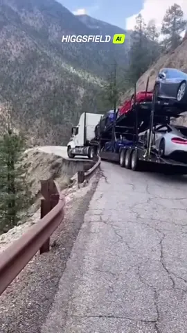 A truck loaded with luxury cars got stuck on a narrow mountain road. The driver barely escaped before the cabin fell straight into the canyon — now everyone’s watching to see if the trailer will follow. Those cars are hanging on for their last ride. #truck #fail #luxurycars #mountainroad #crashvideo  