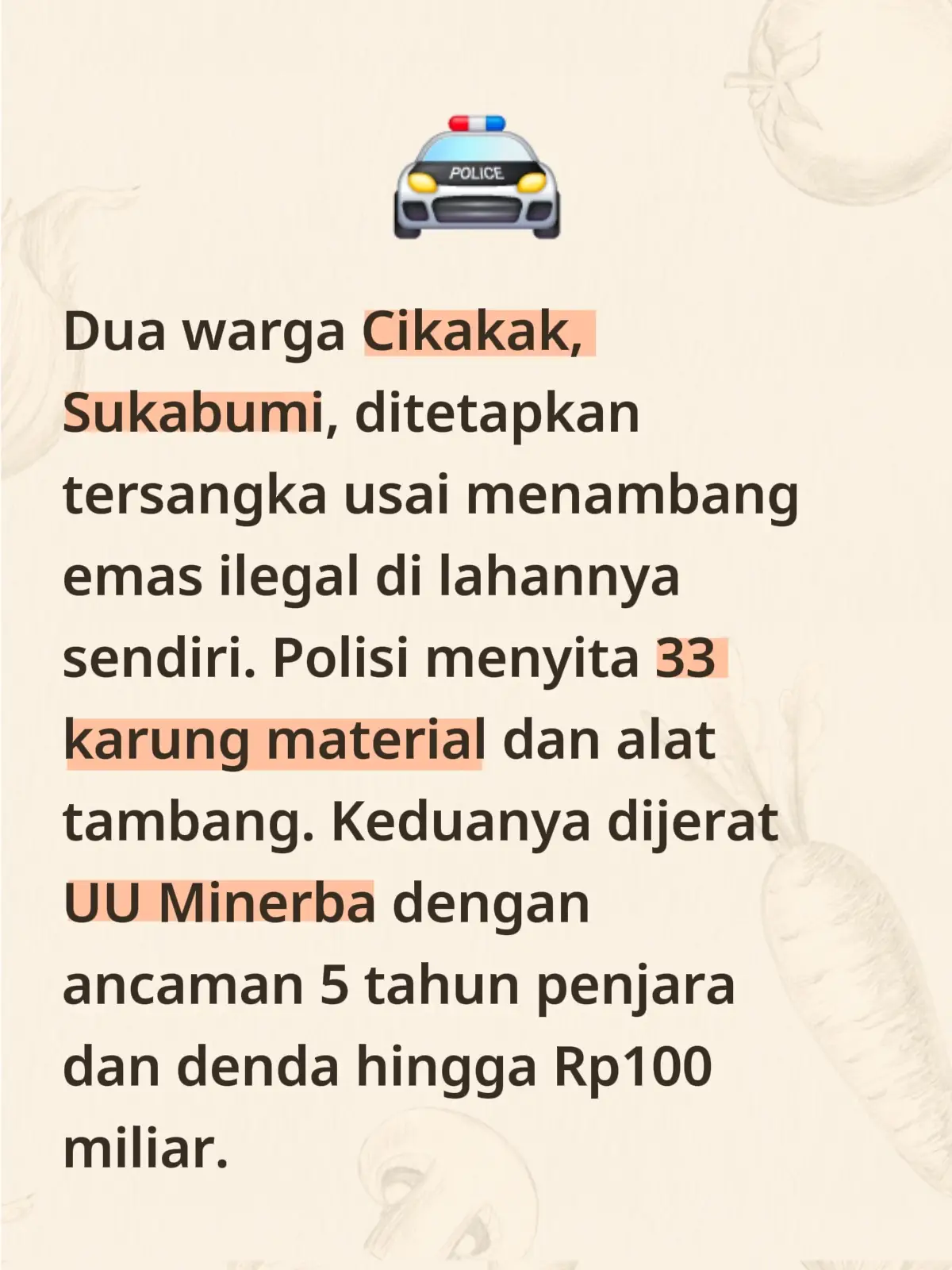 Dua warga Cikakak, Kabupaten Sukabumi, harus berurusan dengan hukum setelah nekat menambang emas di tanah sendiri tanpa izin resmi. Dalam konferensi pers, Kamis (23/10/2025), Polres Sukabumi menetapkan keduanya sebagai tersangka dari penggerebekan tambang ilegal di Blok Pasir Gombong, Desa Ridogalih, pada 10 September 2025 lalu. Kapolres Sukabumi AKBP Samian menjelaskan, kedua tersangka masing-masing berperan sebagai kepala lobang tambang (ΕΚ) dan pemilik lahan (UT). Keduanya bekerja sama: satu menyiapkan lokasi, satu lagi menyiapkan alat dan pekerja. Dengan cara manual, mereka menggali tanah sedalam 20–30 meter untuk mencari bongkahan batu yang diduga mengandung emas. Hasilnya memang dapat beberapa gram emas murni, tapi risikonya jauh lebih besar: lingkungan rusak dan nyawa pun terancam. Dari lokasi, polisi menyita: • 33 karung material batuan bercampur tanah, • 1 hammer lengkap dengan mata bor, • 2 senter kepala, dan • 1 pak sarung tangan. Atas perbuatannya, kedua pelaku dijerat Pasal 158 jo Pasal 35 dan pasal terkait dalam UU Minerba No. 3 Tahun 2020, dengan ancaman lima tahun penjara dan denda hingga Rp100 miliar. #Sukabumi #TambangIlegal #PolresSukabumi #BeritaSukabumi #Hukum 