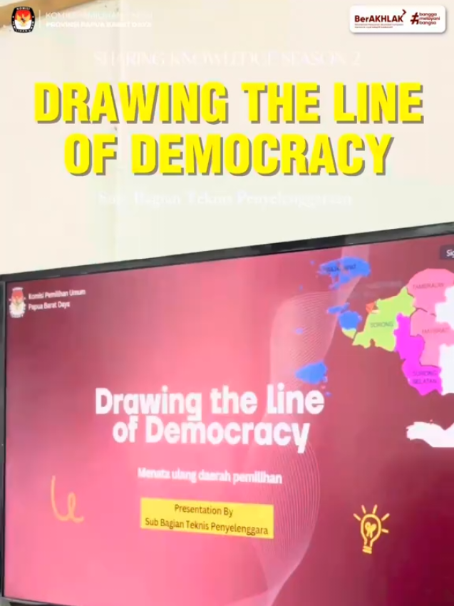 #temanpemilih  KPU Provinsi Papua Barat Daya kembali menyelenggarakan kegiatan Sharing Knowledge Season 2 Episode 6 dengan tema “Drawing the Line of Democracy”. oleh Sub Bagian Teknis Penyelenggara sebagai araumber sekaligus menjadi penutup rangkaian Sharing Knowledge Season 2 yang telah berlangsung secara berkelanjutan selama beberapa bulan terakhir. dalam pemaparannya materi tentang 