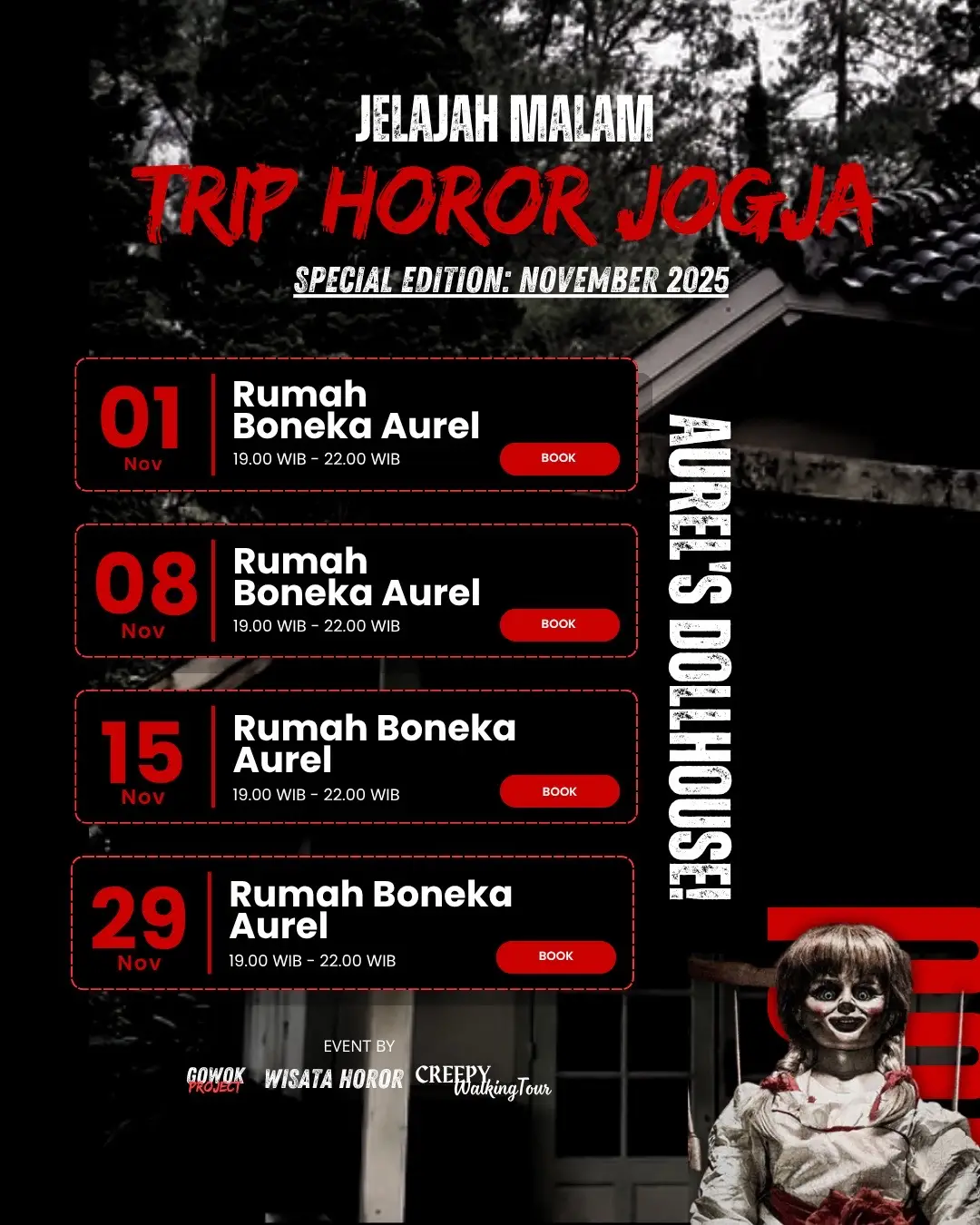 Catatan waktu dan tanggal nya! Special edition November: Rumah Boneka Aurel #triphororjogja #wisatamalamjogja #jogja24jam #wisatajogja 