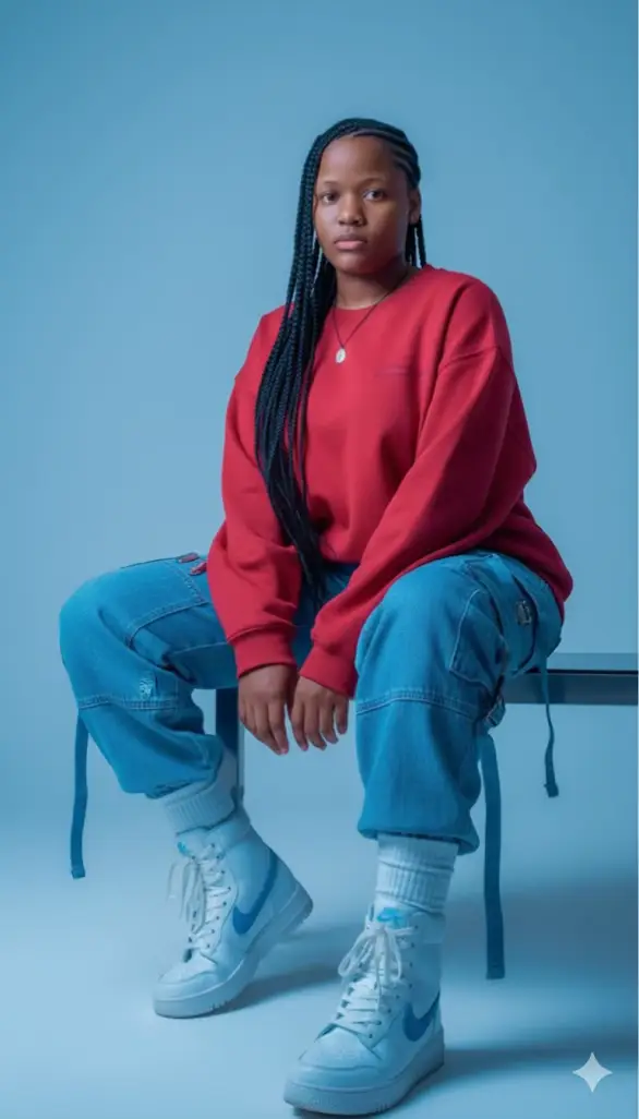 Prompted Prompt: female model (same face and same hairstyle as on the downloaded photo, do not change facial expression). Outfit: oversized candy apple red sweatshirt, oversized cloud blue 