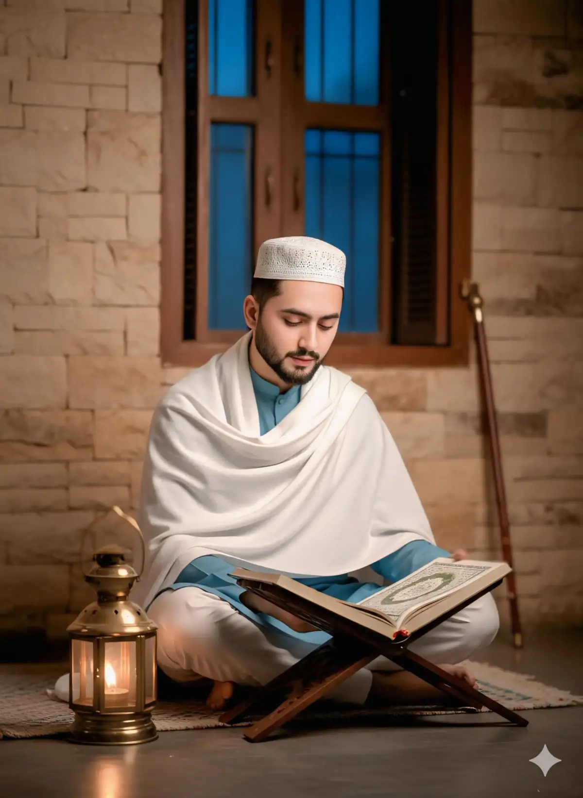 gemini photo editing prompt tutorial❤️💯 1. Open gemini ai 2. Input prompt below 3. Put Prompt below PROMPT⬇️        A man is sitting, reading the Quran placed on a rehal. A wooden stick is placed near him and he is reading in the light of a lantern. He is wearing a white sheet, kurta-pajama, and an Islamic cap.         The background should be a hyperrealistic portrait, 8k quality DSLR, and lighting in the background. And the face should be the same as the uploaded photo. #creatorsearchinsights #gemini #aigenerated #foryoupage #growmyaccount 