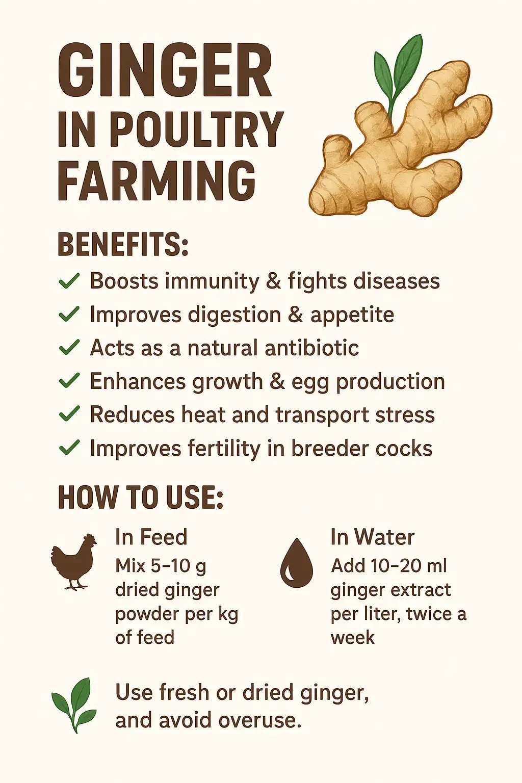 🫚 Did you know ginger can naturally boost your chickens’ health and egg production? 🐔✨ It fights infections, improves digestion, and keeps your flock stress-free — all organically! 🌿 Try adding ginger to feed or water today for stronger, healthier birds. 💪 #OrganicPoultryFarming #HealthyChickens #NaturalAntibiotic #FarmersTips #AgriInnovation