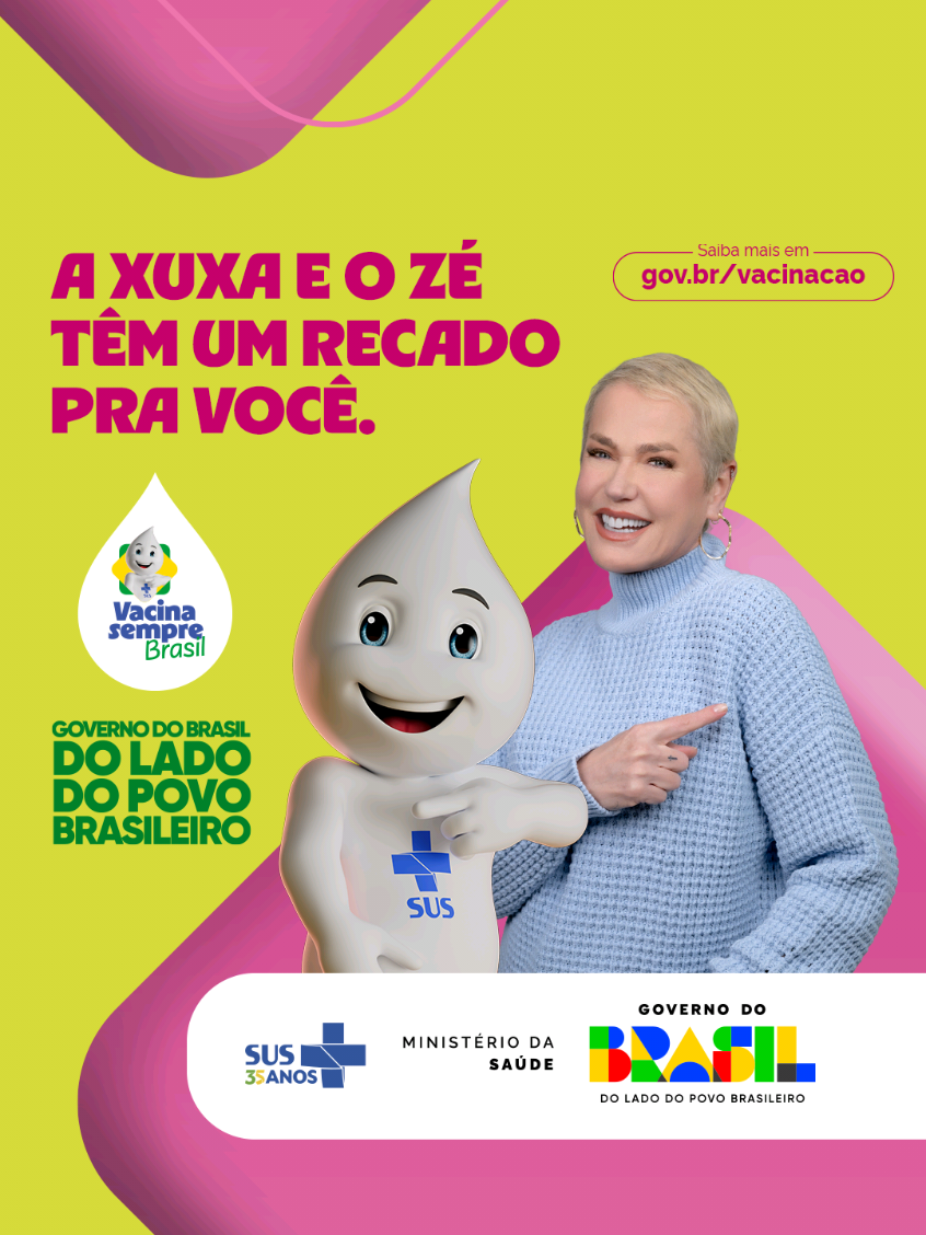 Está na hora de atualizar a caderneta de vacinação de crianças e adolescentes menores de 15 anos. Faça como a Xuxa e o Zé e não deixe para depois!  Procure uma Unidade Básica de Saúde e mantenha a vacinação em dia.  Saiba mais: gov.br/vacinacao