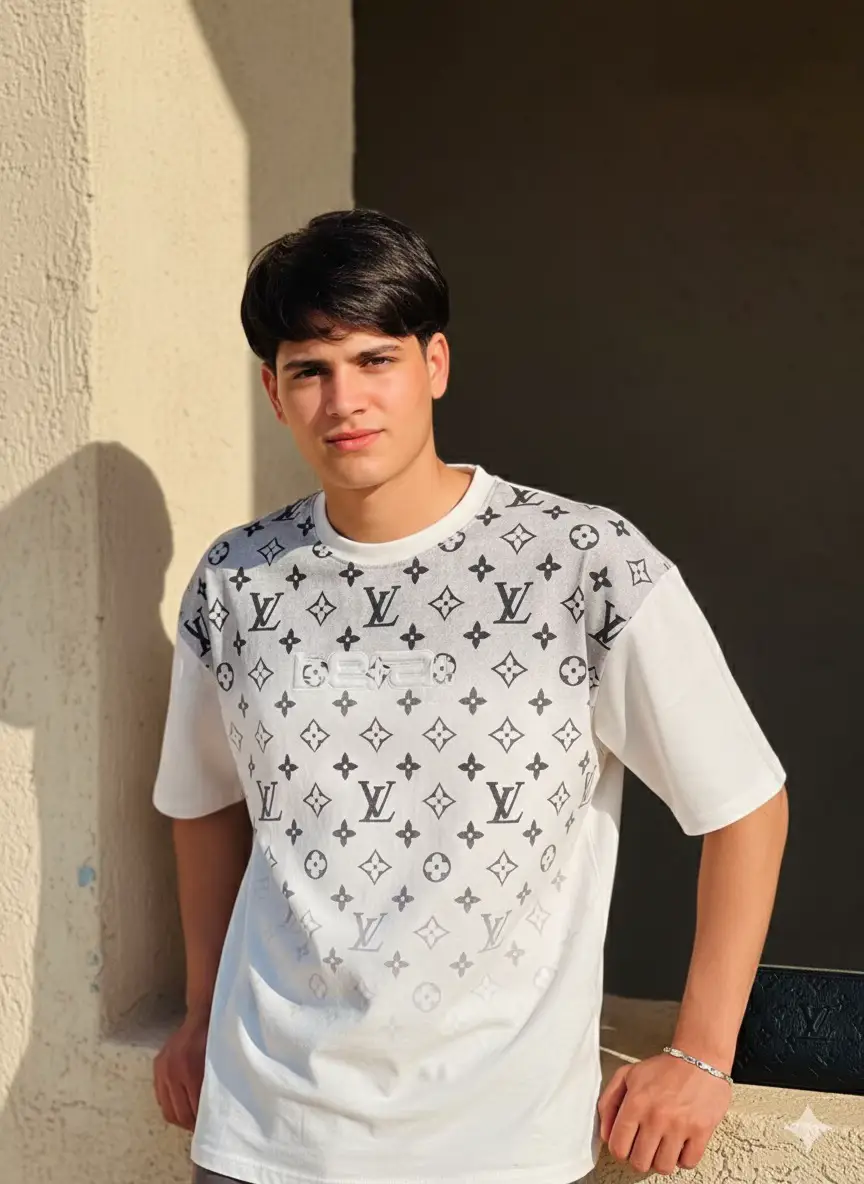 ​.إنشاء صورة واقعية واستخدم وجه الصورة المُحمّلة بدقة وحافظ على ملامح وتفاصيل الوجه دون تغيير بدقة مثل الصورة المرفقة شاب . ينظر مباشرة إلى الكاميرا بملامح هادئة وواثقة.. ​الوضعية: يقف بجانب جدار أو حافة مرتفعة، ربما حافة نافذة أو سياج. يميل قليلاً نحو الكاميرا ويضع ذراعه اليمنى (التي تظهر في الصورة) مستندة على الحافة. يرتدي سواراً معدنياً رفيعاً بسيطاً في معصمه الأيمن. وضعية الوقوف تبدو مريحة وعفوية. ​الملابس والإكسسوارات: ​القميص: يرتدي قميصاً (تي شيرت) قطنياً  فضفاضاً بأكمام قصيرة، ذو تصميم لافت. اللون الأساسي للقميص هو الأبيض أو البيج الفاتح جداً. يتميز بطبعة متدرجة لشعار 