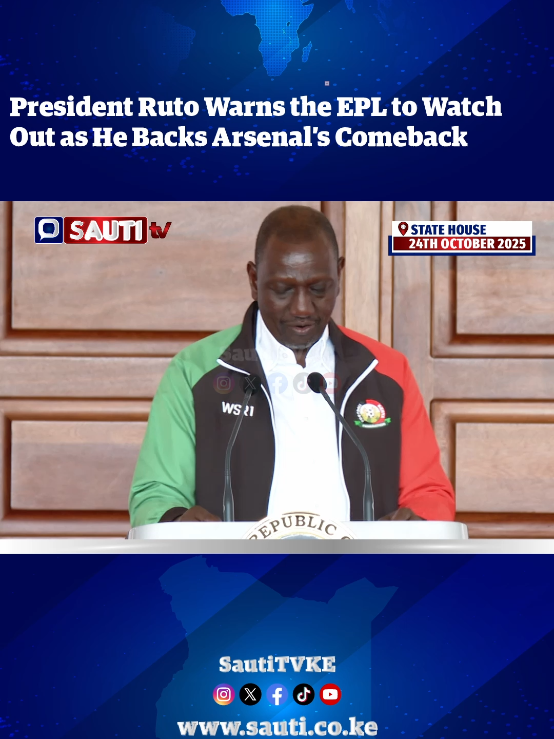 While receiving the Premier League Trophy at State House, Nairobi, President William Ruto expressed his die-hard love for Arsenal, saying the club is back in form and the rest of the EPL should beware.