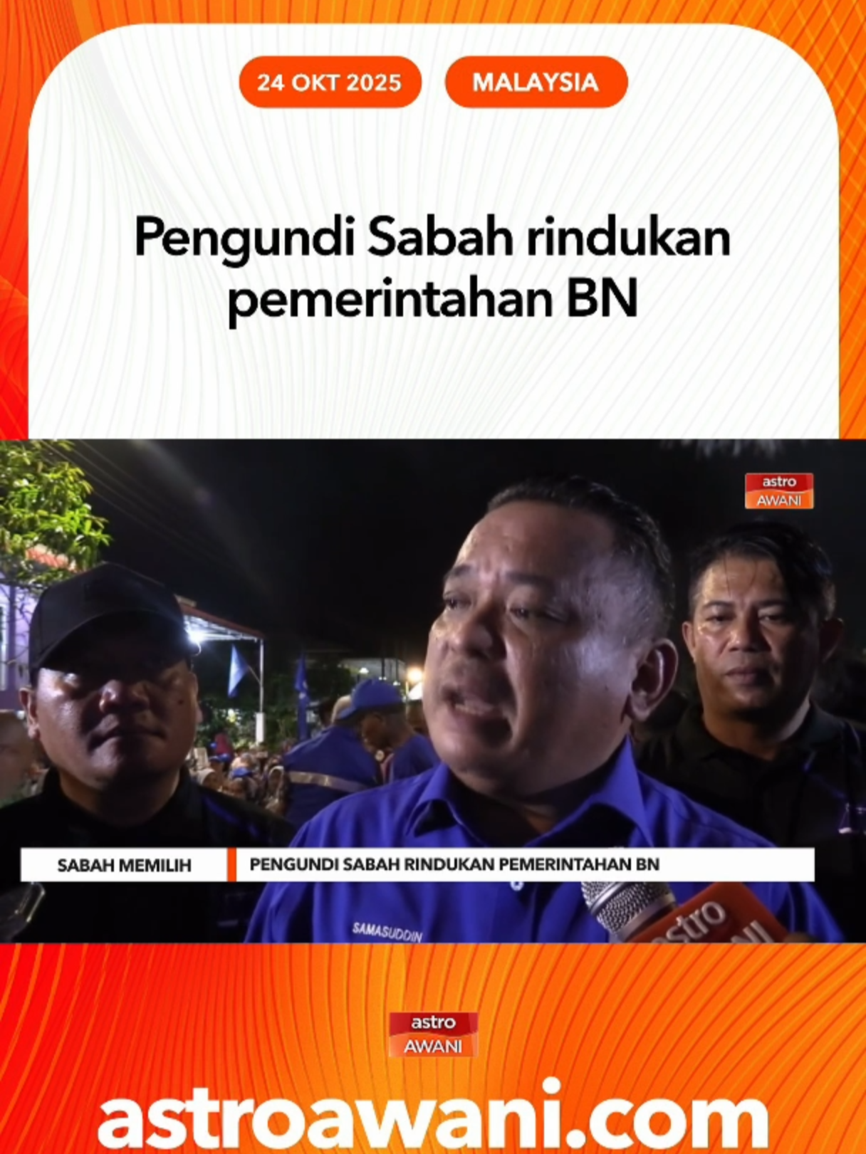 Barisan Nasional (BN) yakin pengundi merindui pemerintahan parti itu di Sabah berdasarkan trek rekod cemerlang BN.   Bagi Ketua UMNO Bahagian Kalabakan, Samasuddin Yusop yang bakal dicalonkan untuk kerusi DUN Tanjung Batu berkata, berdasarkan semangat yang ditunjukkan pengundi muda, BN akan memenangi kerusi tersebut. #AWANIBorneo #AWANInews