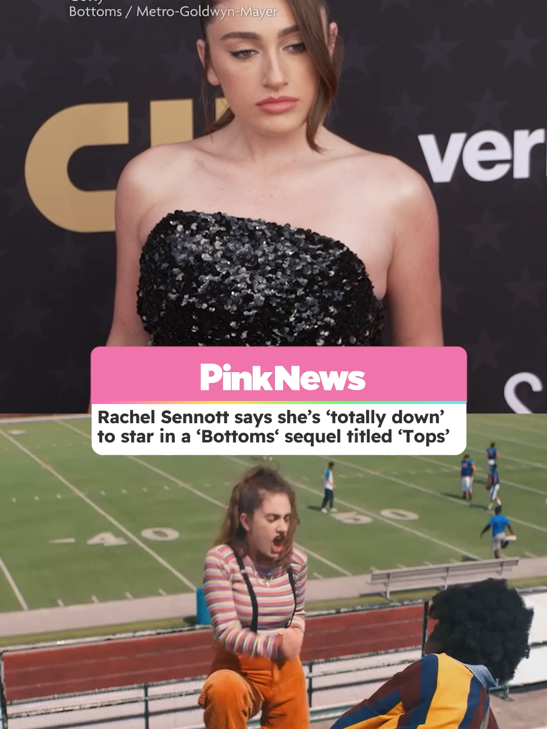 Rachel Sennott revealed she’s ‘totally down’ to take part in a sequel to her and Ayo Edebiri’s hit film ‘Bottoms,’ which she hilariously titled ‘Tops.’ In a new video with Variety, Sennott got delightfully sidetracked, sharing her dream pitch for a follow-up to the cult-favorite queer comedy.“I would totally be down to do that,” Sennott said when asked about a ‘Bottoms’ sequel.  “Maybe it’s set in the future. PJ and Josie are like 90, and they’re the last people who remember what happened with the football team and everything and then they’re warning these new girls.”She emphasized that the film would need to include a time jump, joking that production could simply wait until she and co-star Ayo Edebiri are actually 90 before filming.Sadly ‘Tops’ isn’t in production (yet), but Sennott’s enthusiasm has fans excited for what’s to come next. #RachelSennott #Bottoms #AyoEdebiri #filmtok #lgbtqia