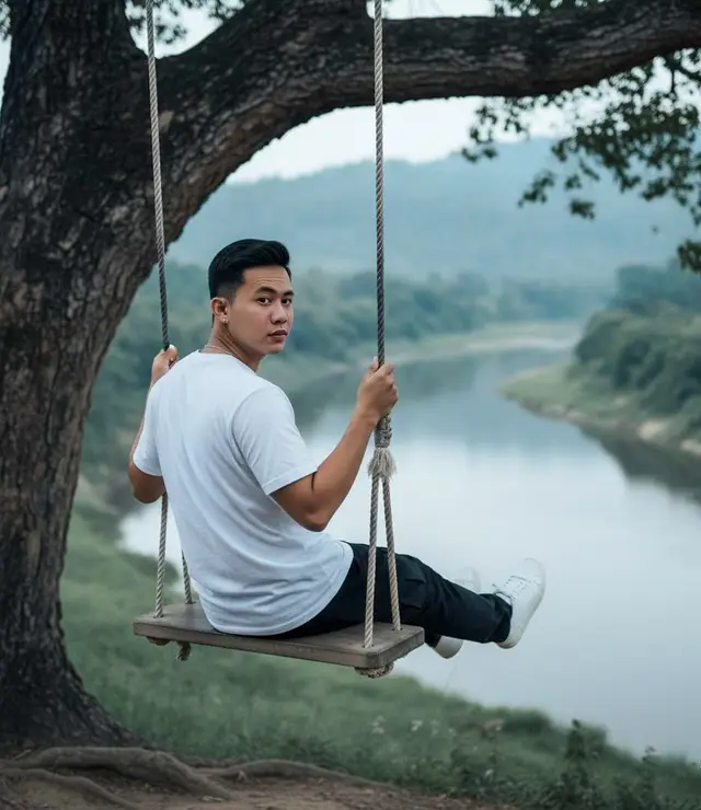 Tutorial edit di GEMINI AI 🫵 1. buka aplikasi Gemini 📲 2. Masukan foto kamu 📸 3. Copy+paste prompt di bawah 👇 ​ PROMPT : Buatkan foto high back shot hyper-realitis ultarealistik .Foto tersebut menampilkan orang dari foto referensi persis sama (pertahankan 100% wajah asli dan  warna kulit). Si pria ( foto terlampir) mengenakan kaus putih, celana cargo hitam panjang, sepatu sneakers putih. sedang bermain duduk diayunan yang tergantung tinggi pada dahan pohon besar melihat kebelakang dan posisi keduanya tangannya memegang tali ayunan dan kedua kaki lurus kedepan, didepan sebuah sungai yang menjadi latar belakang utama. Menoleh ke arah kamera. nuasa foto sangat dramatis dan sinematik.. Canon Eos R5,RF 70mm f/2.8,Shutter 1/1250,iso 100,white balance daylight,cool tone,depth of field dangkal,detail fokus tajam pada si pria editorial finish. 9:16. Prompt by : noii_opat ( Threads ) #GeminiAi #geminitrend #gemini #fyp #promptgemini 