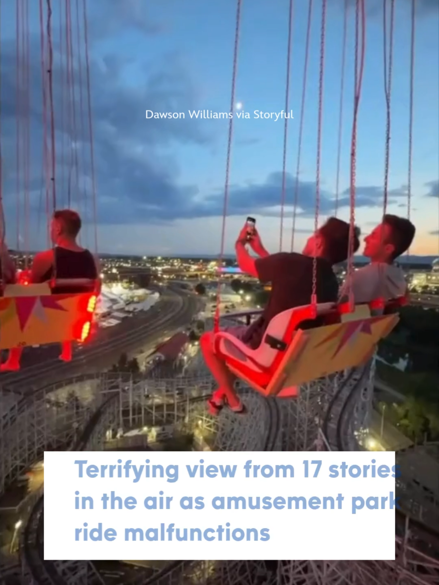 A 17-story-high amusement park ride malfunctioned in Denver recently, leaving dozens of riders suspended far above the ground. This footage captured by Dawson Williams shows the scary moment that the Star Flyer ride stopped moving at Elitch Gardens in Denver, Colorado, in early August. Williams could be seen dangling his feet while remaining suspended in the air, with the ride overlooking the amusement park and the Denver skyline. Williams said that it took about 15 minutes for the ride to come down. “My first and last time at Elitch Gardens,” wrote Williams on TikTok. The ride also malfunctioned in April 2025, leaving about 40 riders stuck 20 feet in the air for about 45 minutes, according to local news reports. #news #denver #amusementpark #colorado